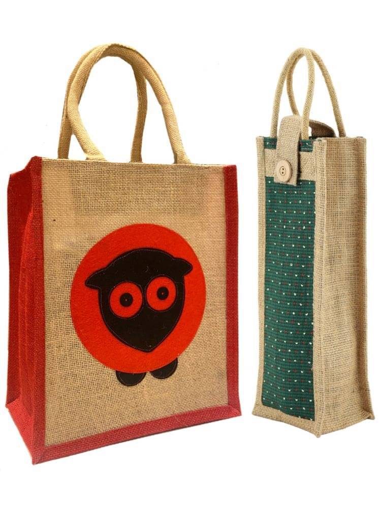     			ENSAC Handheld Bag Jute Set of 2 ( Green )