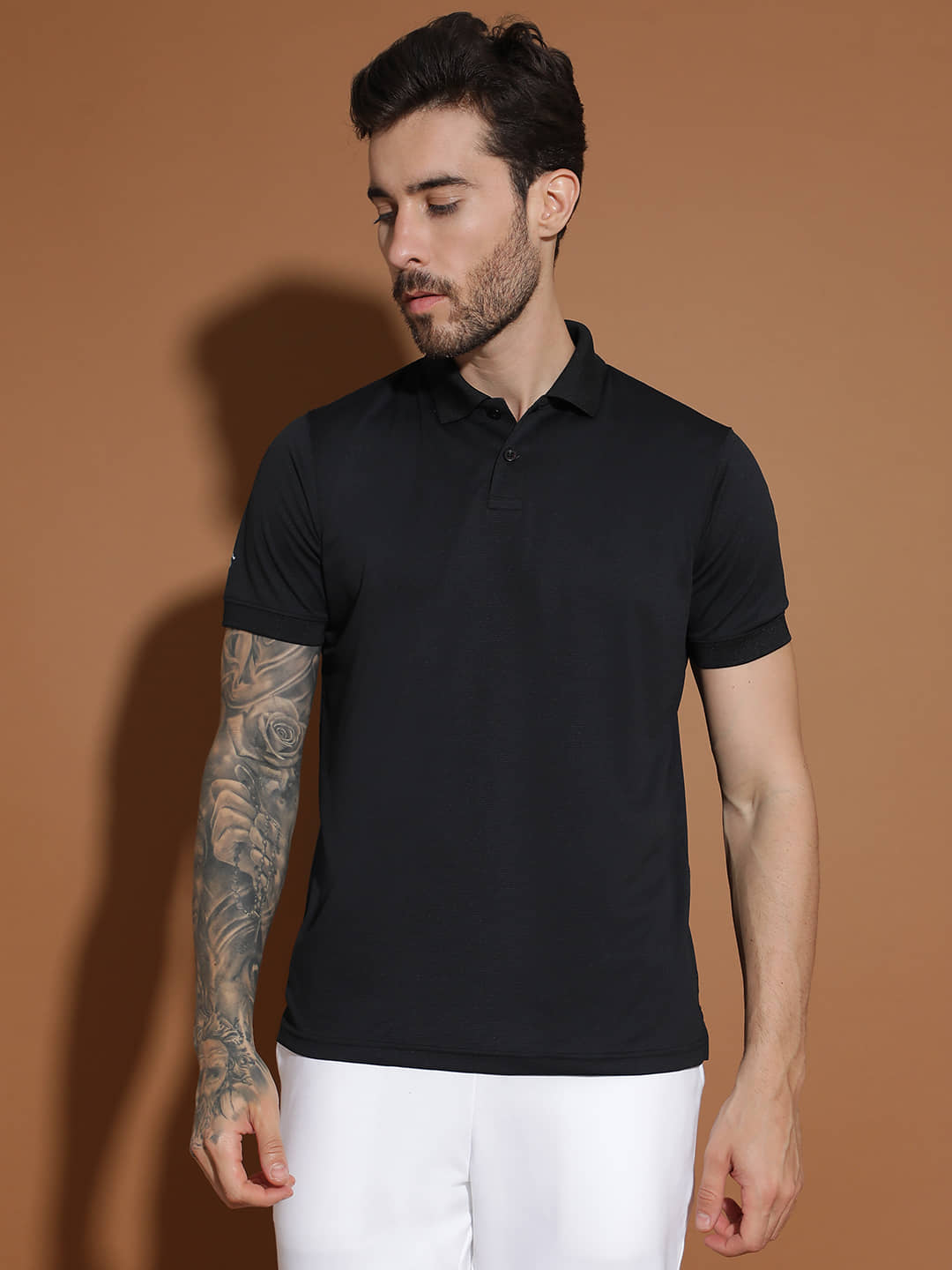 EPPE Pack of 1 Polyester Slim Fit Solid Half Sleeves Men's Polo T Shirt ( Black )