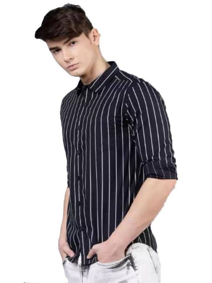     			Favnic 100% Cotton Slim Fit Striped Full Sleeves Men's Casual Shirt - Black ( Pack of 1 )