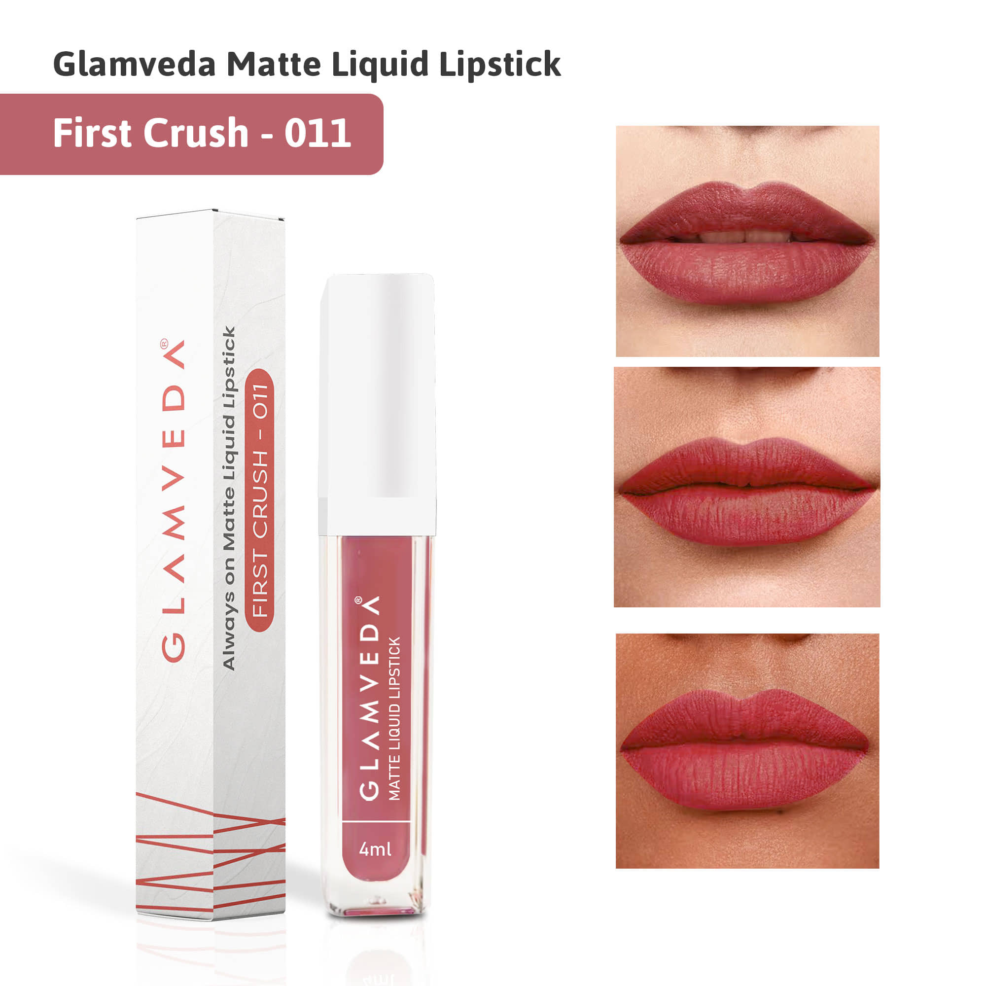 Glamveda Matte Liquid Lipstick, 12Hr Stay, Lightweight & Transferproof, (First crush - 011) 4ml