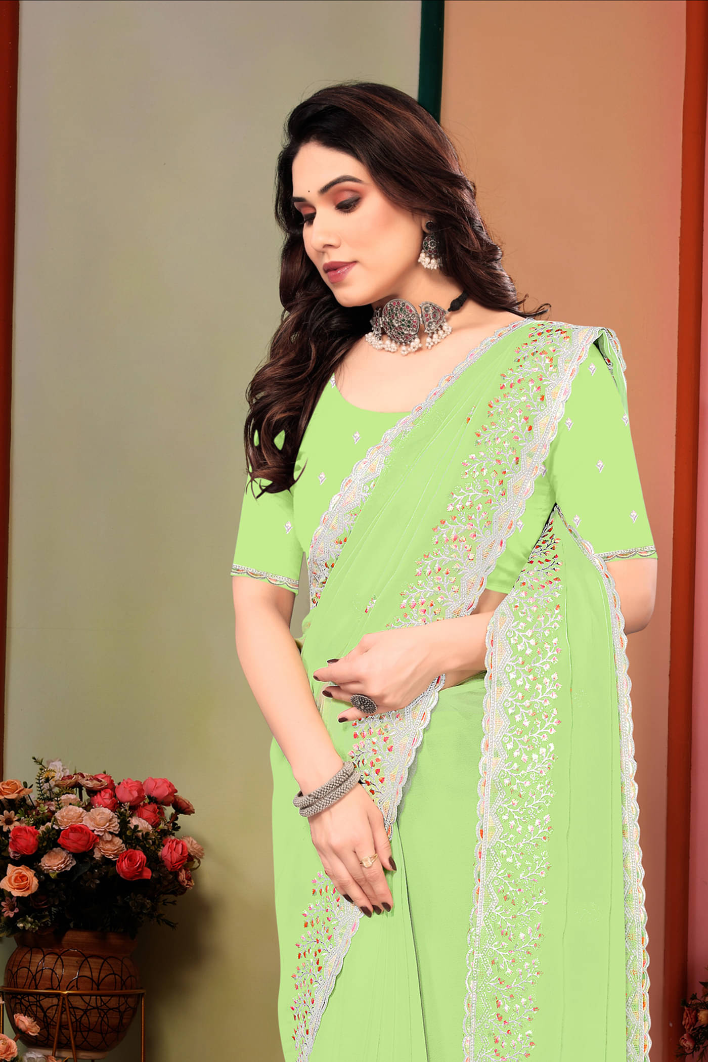 Om Shantam Sarees Georgette Embroidered Saree With Unstitched Blouse Piece ( Lime Green )     			Om Shantam Sarees Georgette Embroidered Saree With Unstitched Blouse Piece ( Lime Green )