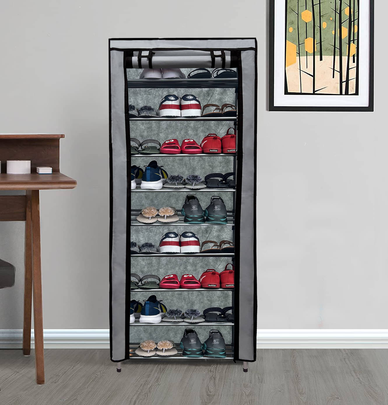 PHILOSHOP 9 Layer Metal Shoe Rack Stand with Cover Shoe Organiser for Home & Office (Grey)     			PHILOSHOP 9 Layer Metal Shoe Rack Stand with Cover Shoe Organiser for Home & Office (Grey)