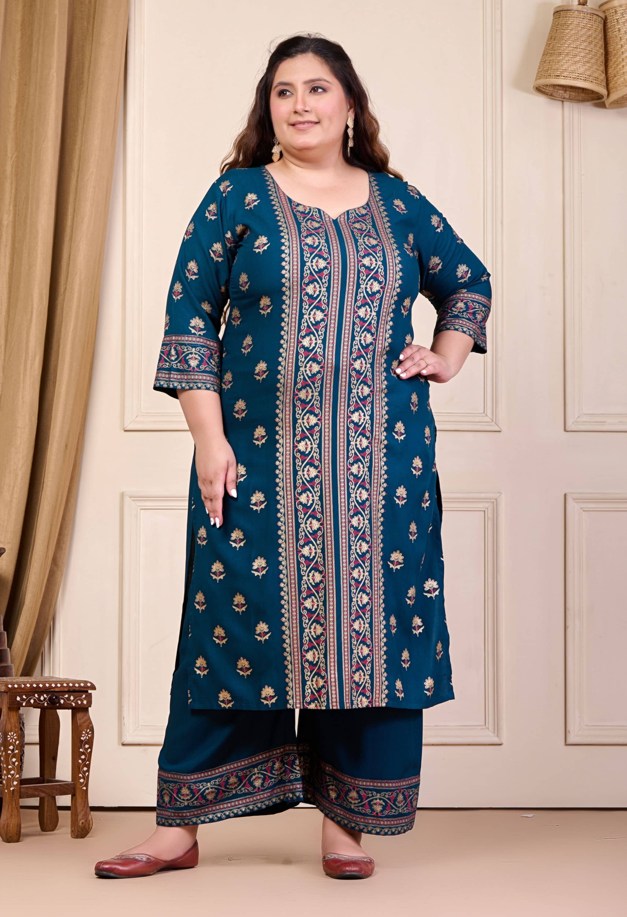 PrettyPlus by Desinoor.com Rayon Printed Kurti With Palazzo Women's Stitched Salwar Suit - Black ( Pack of 1 )