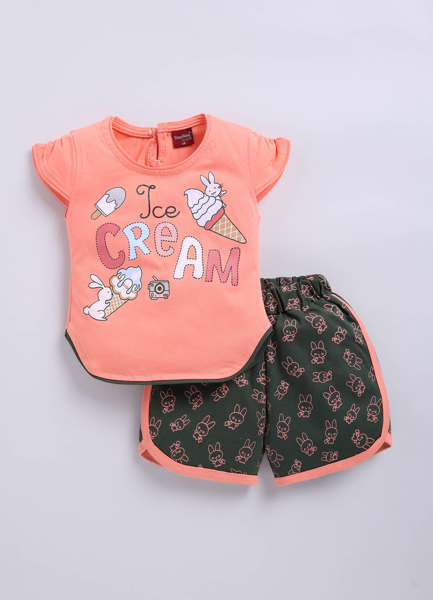    			TINY BINY Pack of 1 Girls Cotton Top With Shorts ( PeachPuff )