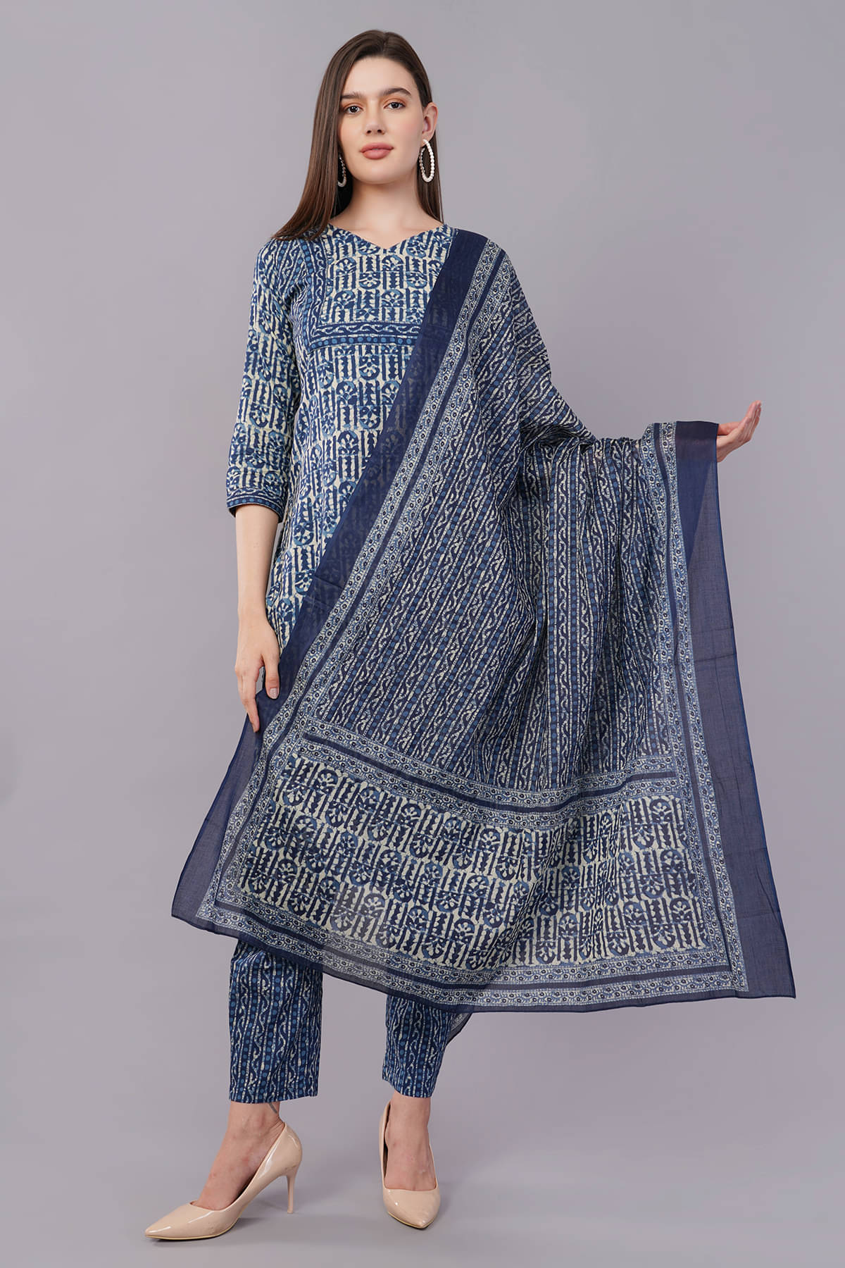     			Vbuyz Cotton Printed Kurti With Pants Women's Stitched Salwar Suit - Blue ( Pack of 1 )