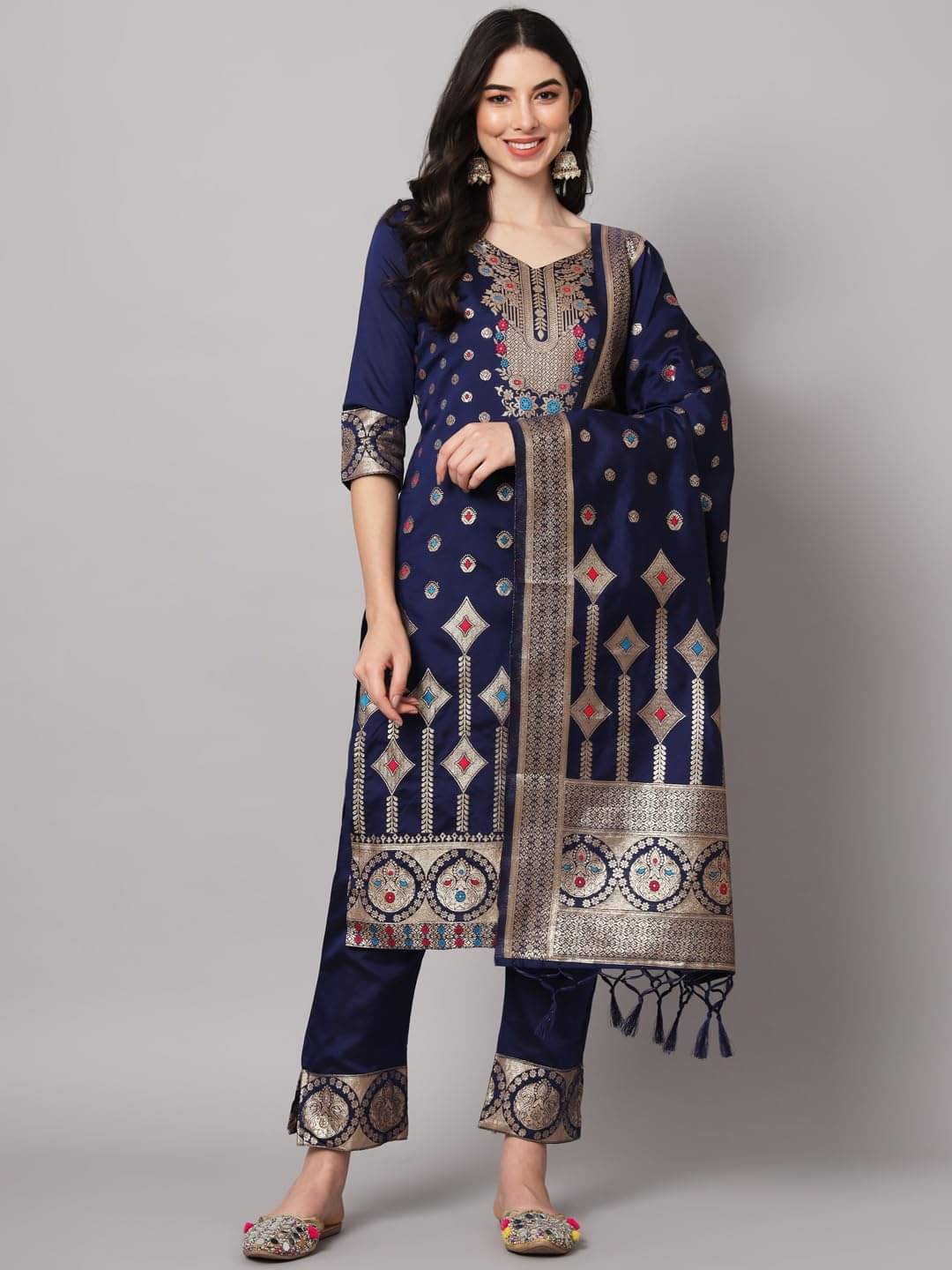 VredeVogel Cotton Silk Embellished Kurti With Pants Women's Stitched Salwar Suit - Blue ( Pack of 1 )     			VredeVogel Cotton Silk Embellished Kurti With Pants Women's Stitched Salwar Suit - Blue ( Pack of 1 )