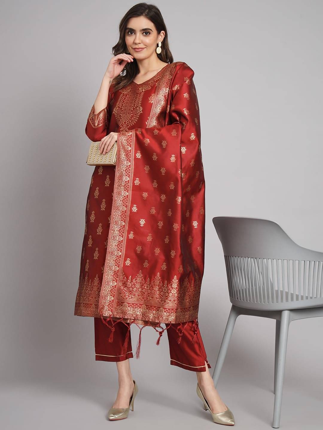 VredeVogel Cotton Silk Embellished Kurti With Pants Women's Stitched Salwar Suit - Maroon ( Pack of 1 )     			VredeVogel Cotton Silk Embellished Kurti With Pants Women's Stitched Salwar Suit - Maroon ( Pack of 1 )