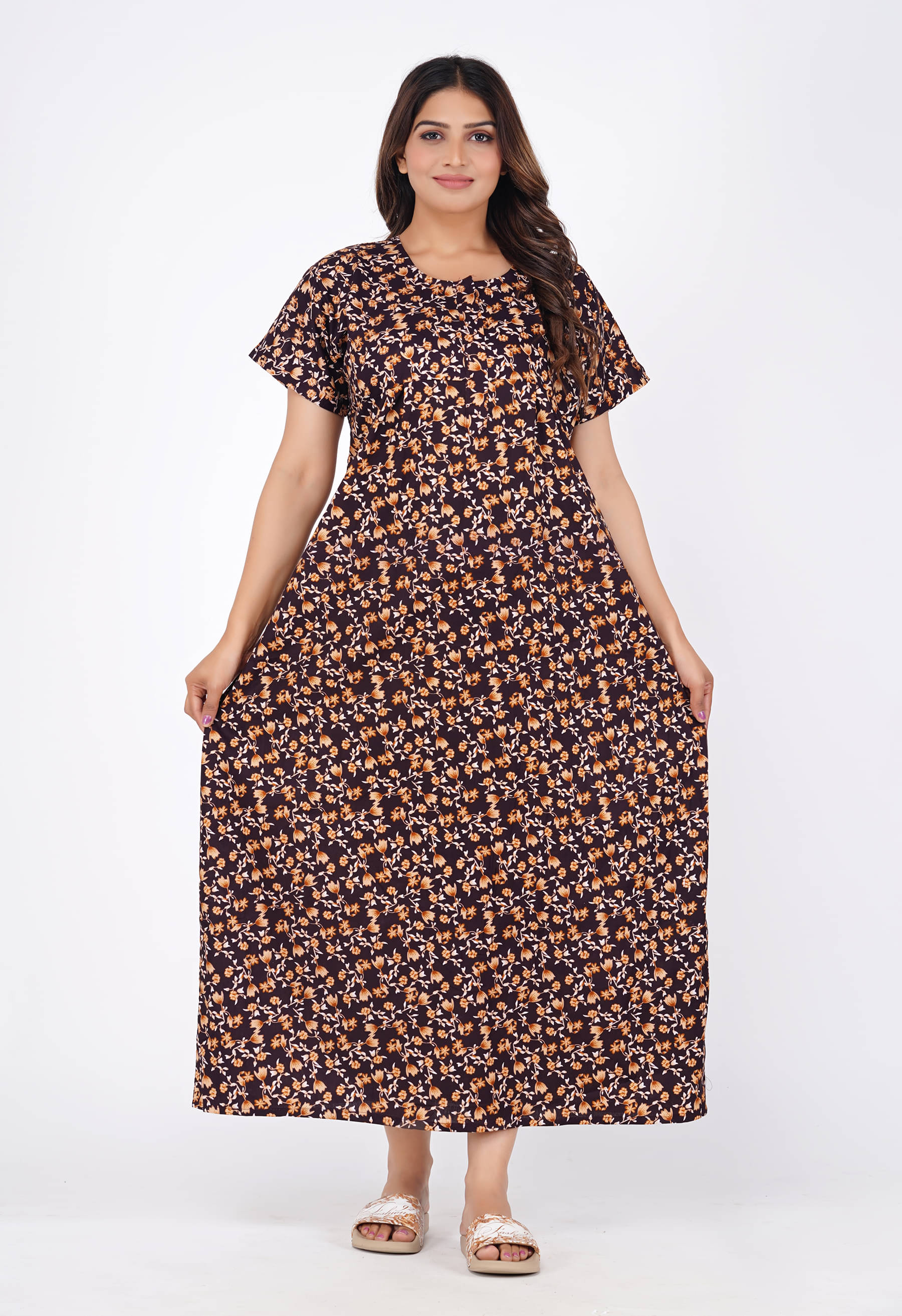 Wristy Brown Cotton Women's Nightwear Nighty & Night Gowns ( Pack of 1 ) Wristy Brown Cotton Women's Nightwear Nighty & Night Gowns ( Pack of 1 )