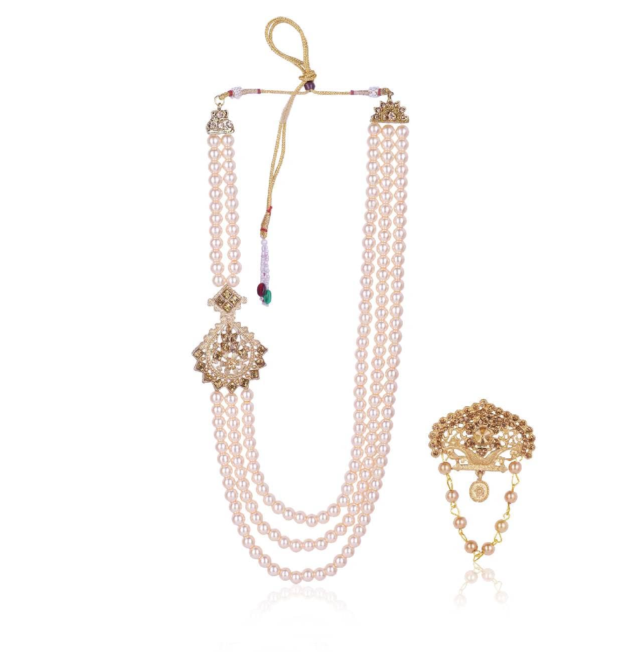 pearl beads Dulha groom sherwani Necklace/Moti Mala for Men for wedding |  Exquisite Groom Mala and Brooch Set  | Perfect for Grooms - Jewellery Sets | Buy online on ZillyBuy