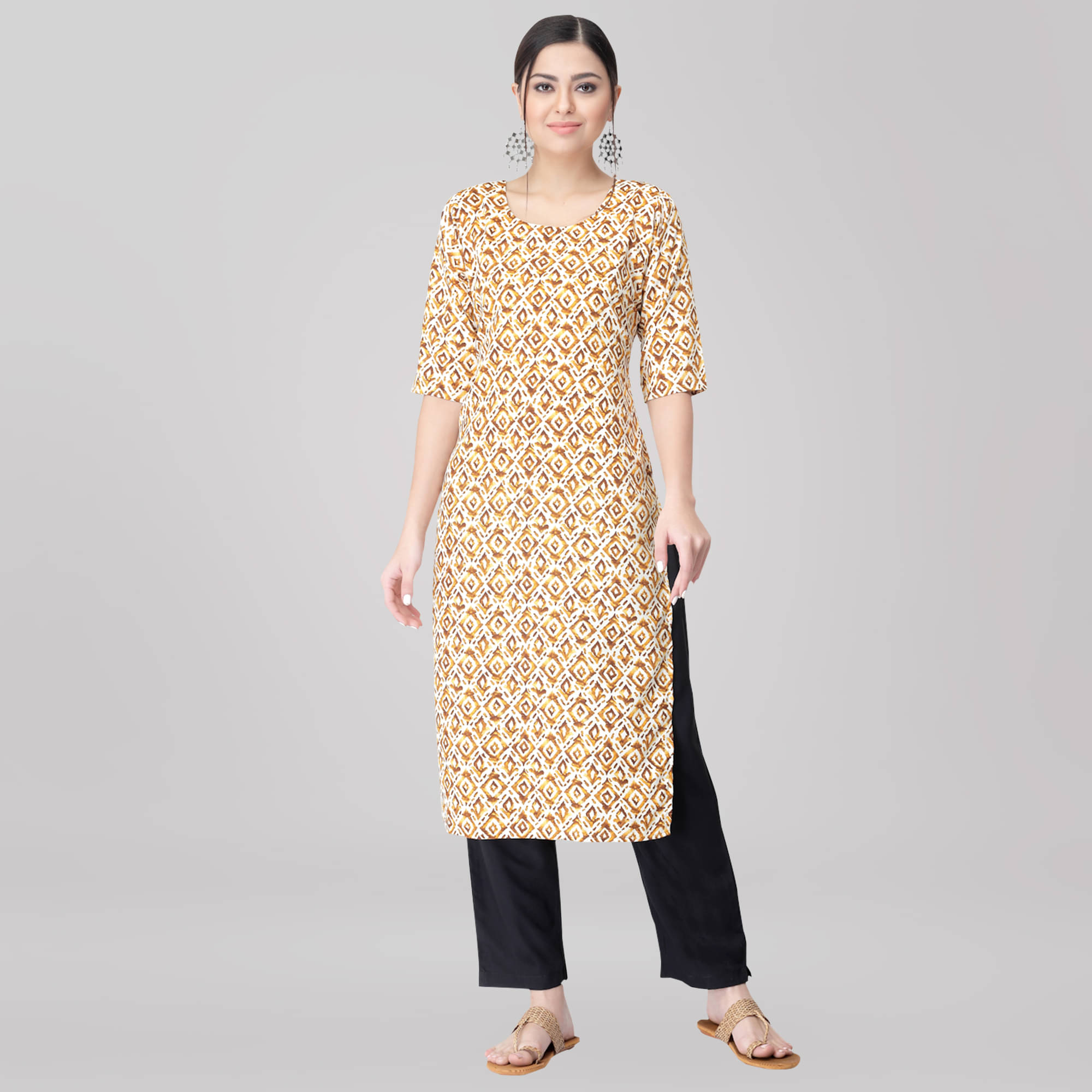     			1 Stop Fashion Crepe Printed Kurti With Pants Women's Stitched Salwar Suit - Gold ( Pack of 1 )