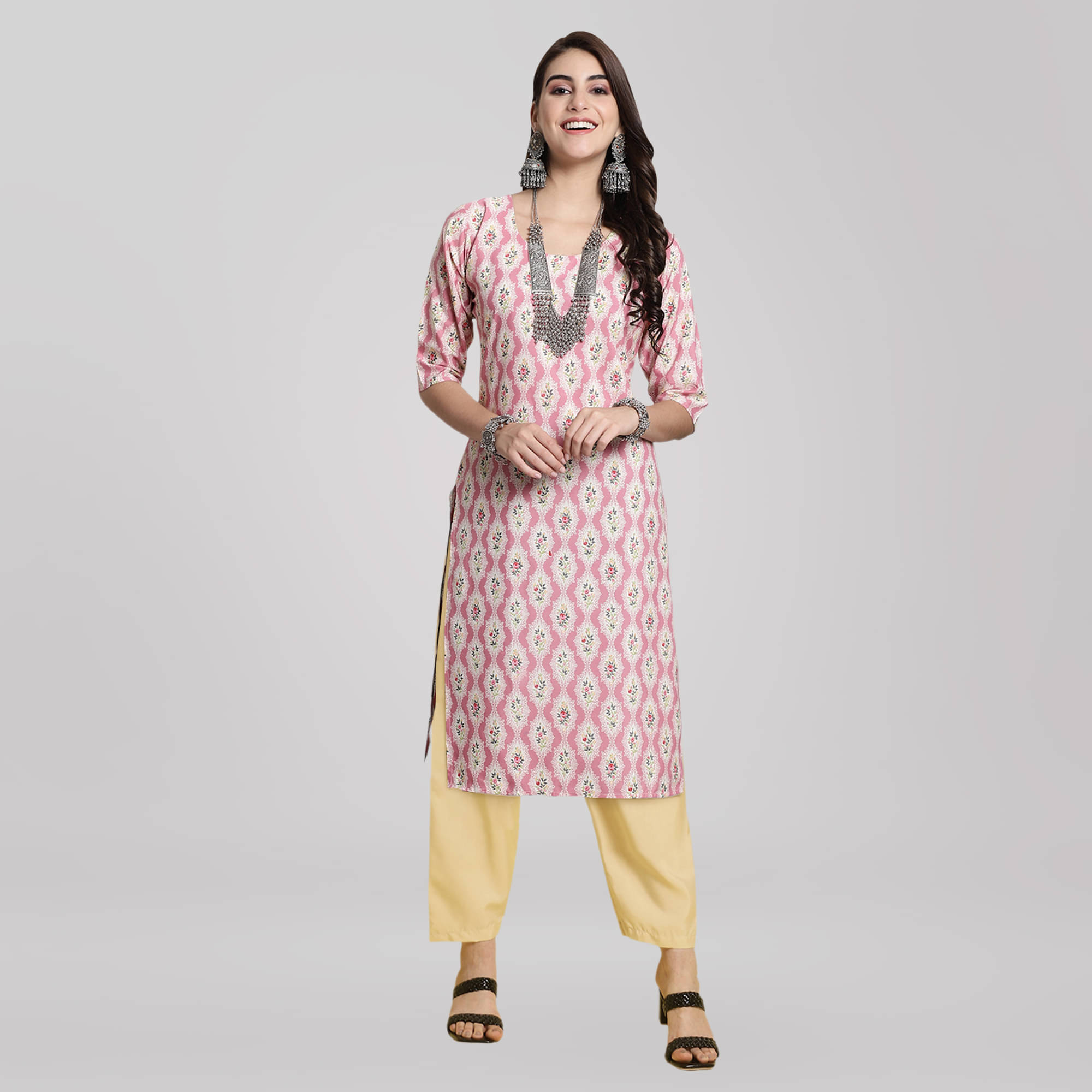     			1 Stop Fashion Crepe Printed Kurti With Pants Women's Stitched Salwar Suit - Pink ( Pack of 1 )