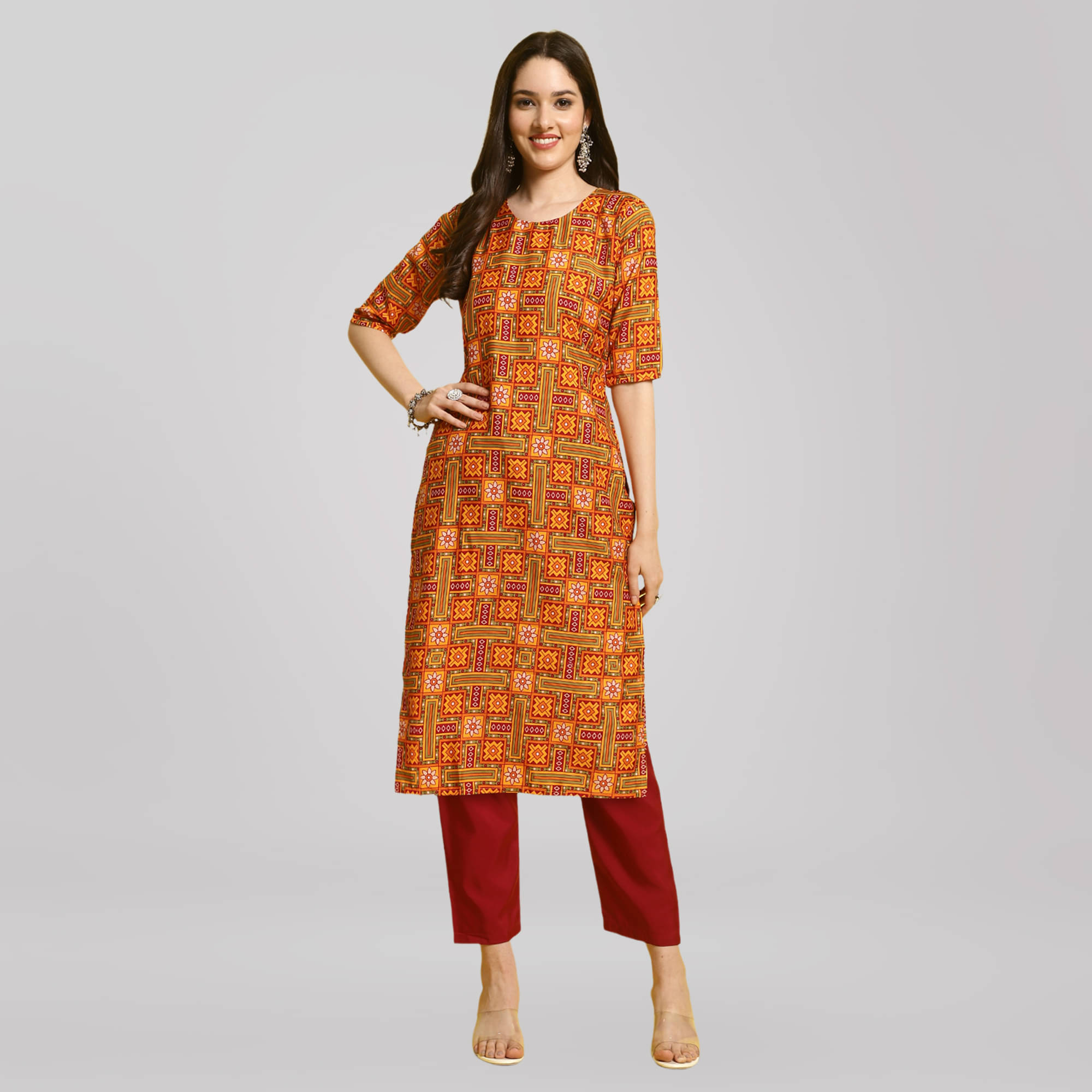     			1 Stop Fashion Crepe Printed Kurti With Pants Women's Stitched Salwar Suit - Orange ( Pack of 1 )