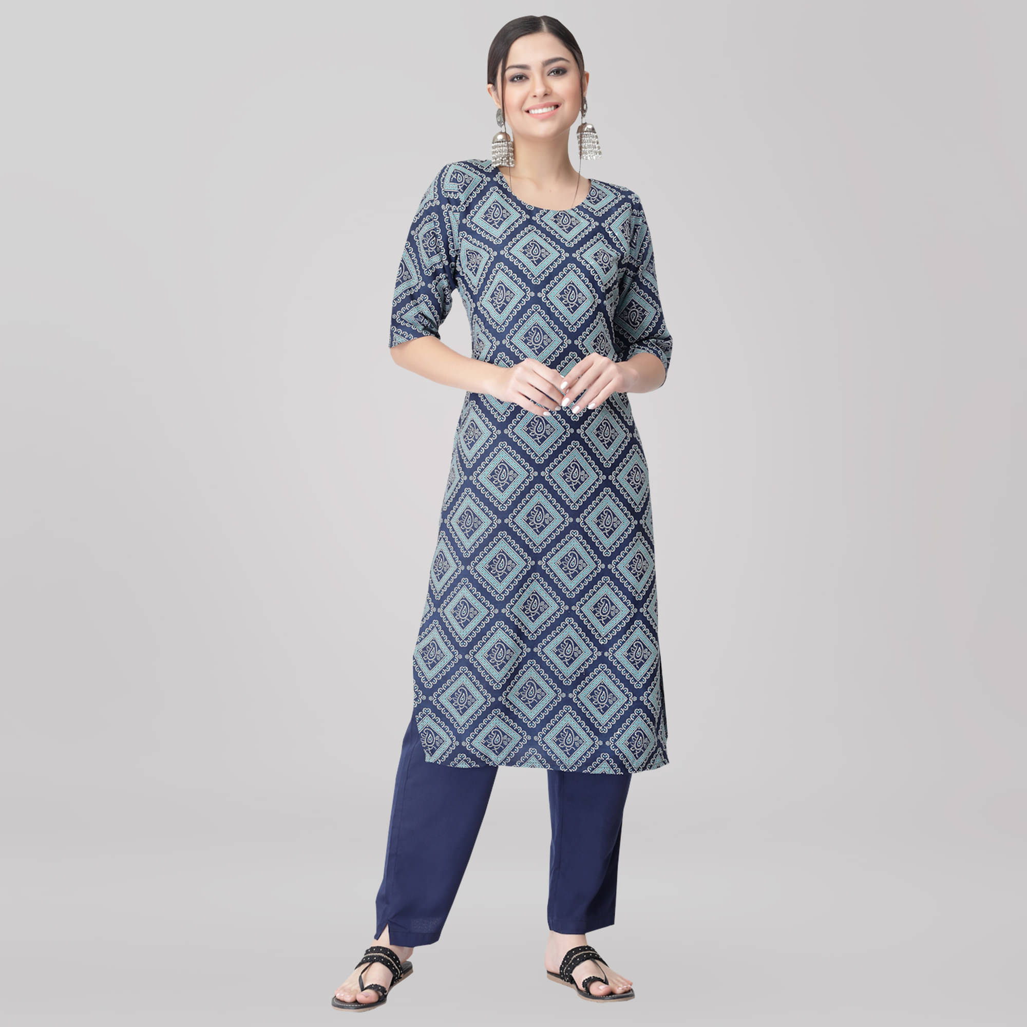 1 Stop Fashion Crepe Printed Kurti With Pants Women's Stitched Salwar Suit - Blue ( Pack of 1 )     			1 Stop Fashion Crepe Printed Kurti With Pants Women's Stitched Salwar Suit - Blue ( Pack of 1 )