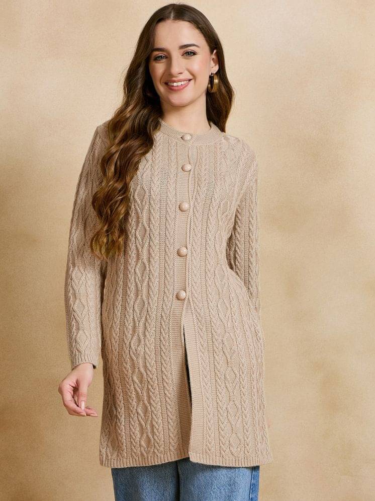 Clapton Women Woollen Round Neck Cardigan ( Beige ) Clapton Women Woollen Round Neck Cardigan ( Beige )