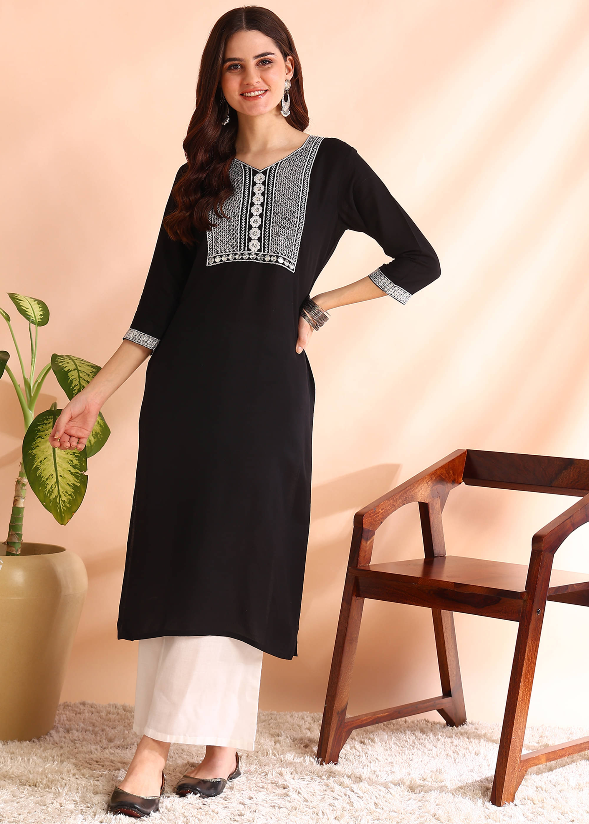     			DSK STUDIO Pack of 1 Viscose Embroidered Straight Women's Kurti - ( Black )