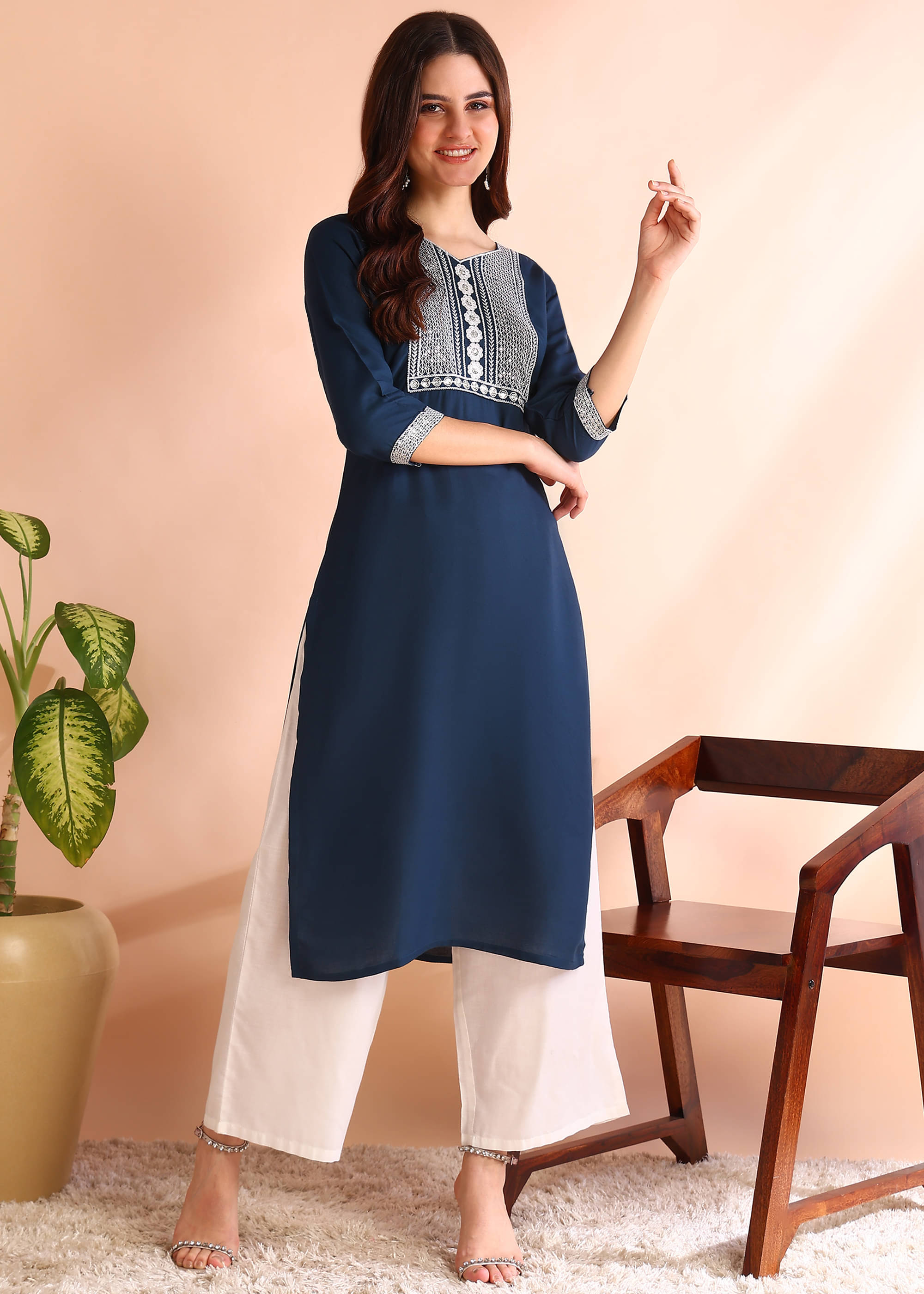 DSK STUDIO Pack of 1 Viscose Embroidered Straight Women's Kurti - ( Blue ) DSK STUDIO Pack of 1 Viscose Embroidered Straight Women's Kurti - ( Blue )