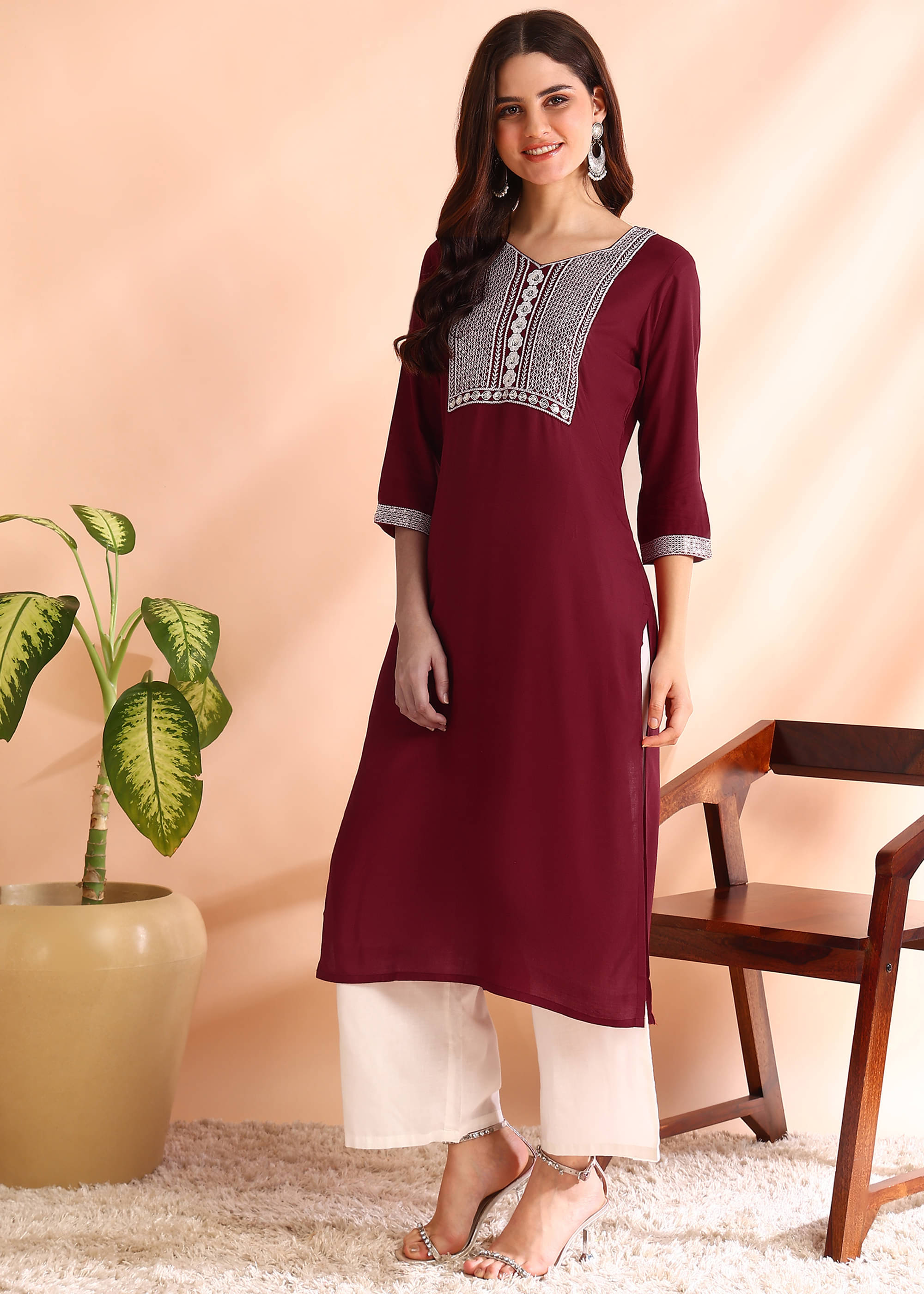 DSK STUDIO Pack of 1 Viscose Embroidered Straight Women's Kurti - ( Maroon ) DSK STUDIO Pack of 1 Viscose Embroidered Straight Women's Kurti - ( Maroon )