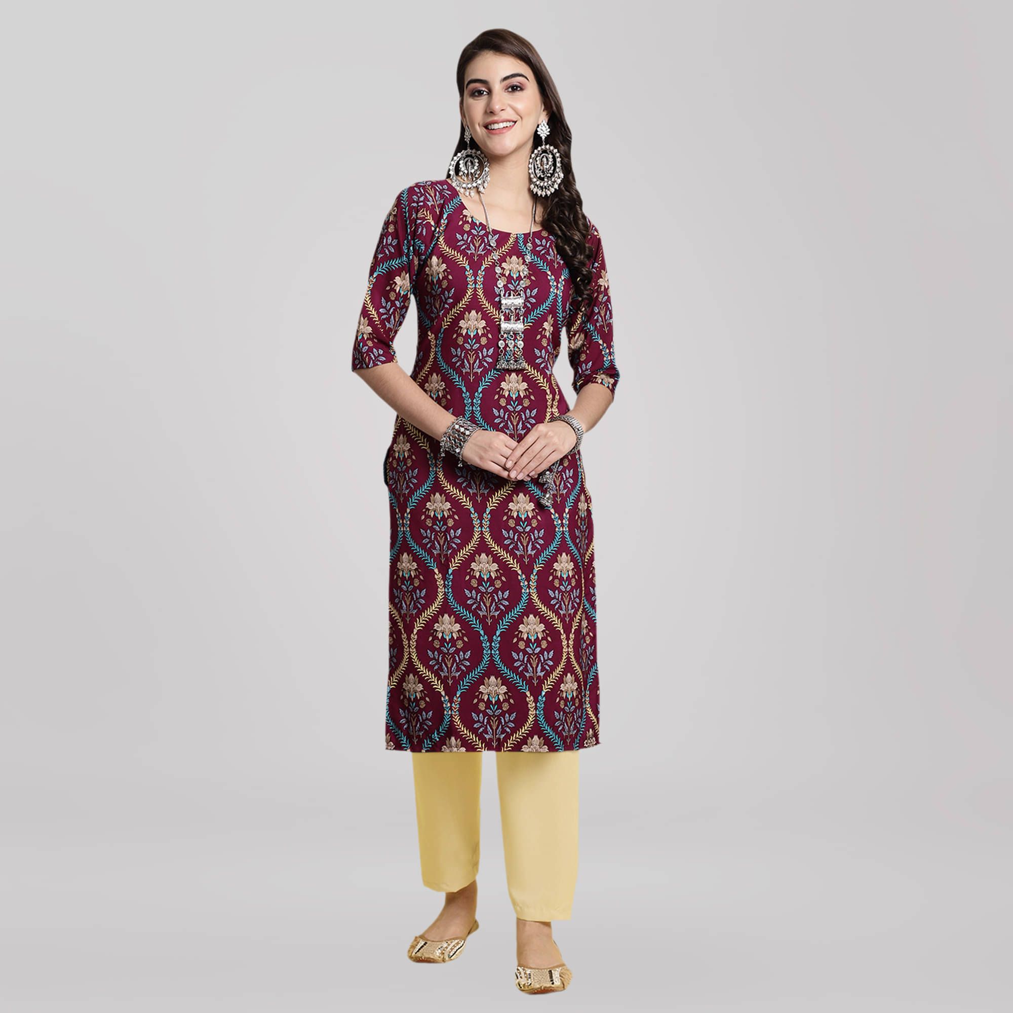     			Ethnic Basket Crepe Printed Kurti With Pants Women's Stitched Salwar Suit - Maroon ( Pack of 1 )