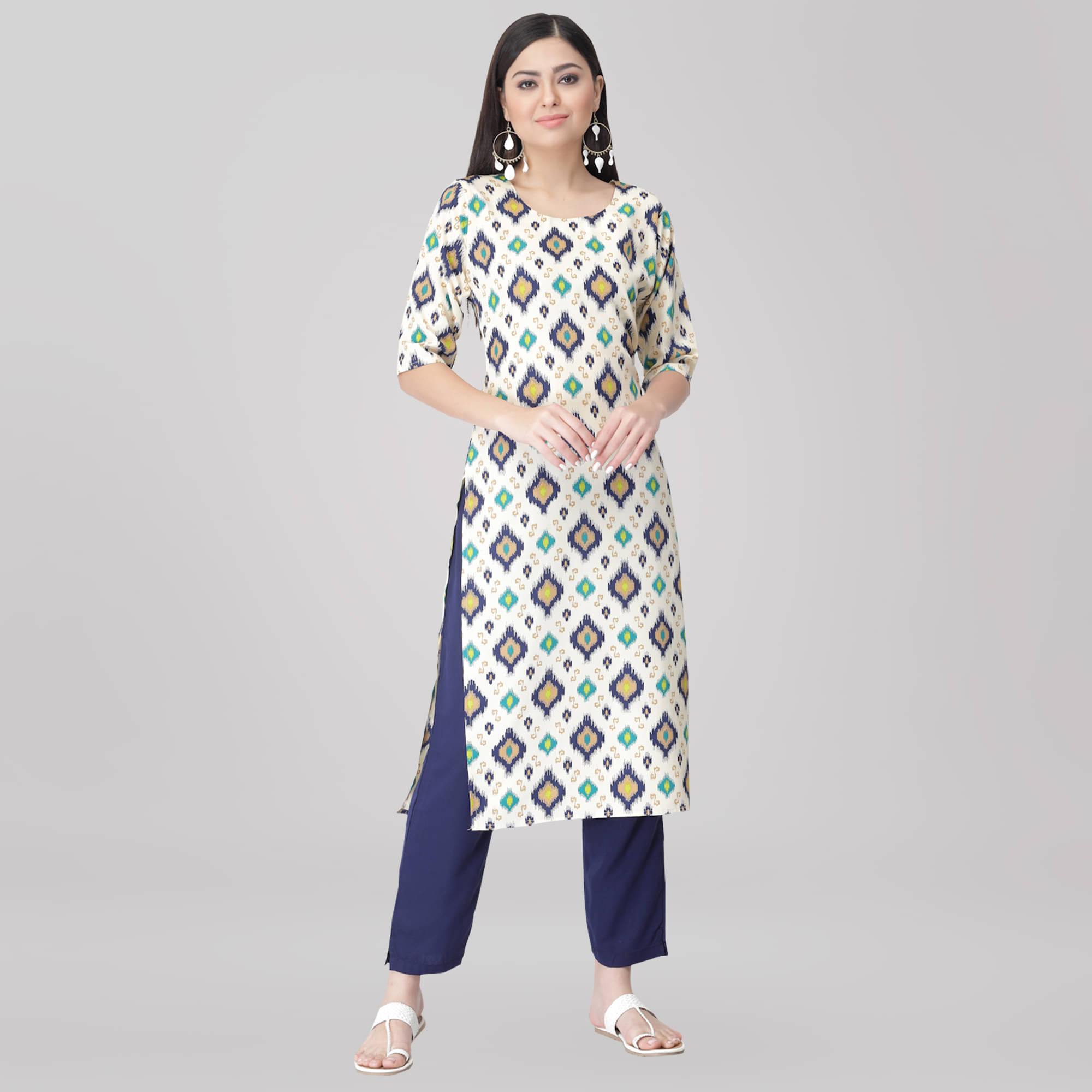 Ethnic Basket Crepe Printed Kurti With Pants Women's Stitched Salwar Suit - White ( Pack of 1 )     			Ethnic Basket Crepe Printed Kurti With Pants Women's Stitched Salwar Suit - White ( Pack of 1 )