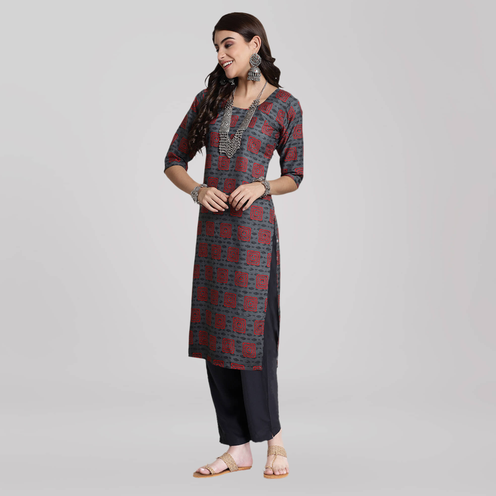     			Ethnic Basket Crepe Printed Kurti With Pants Women's Stitched Salwar Suit - Grey ( Pack of 1 )