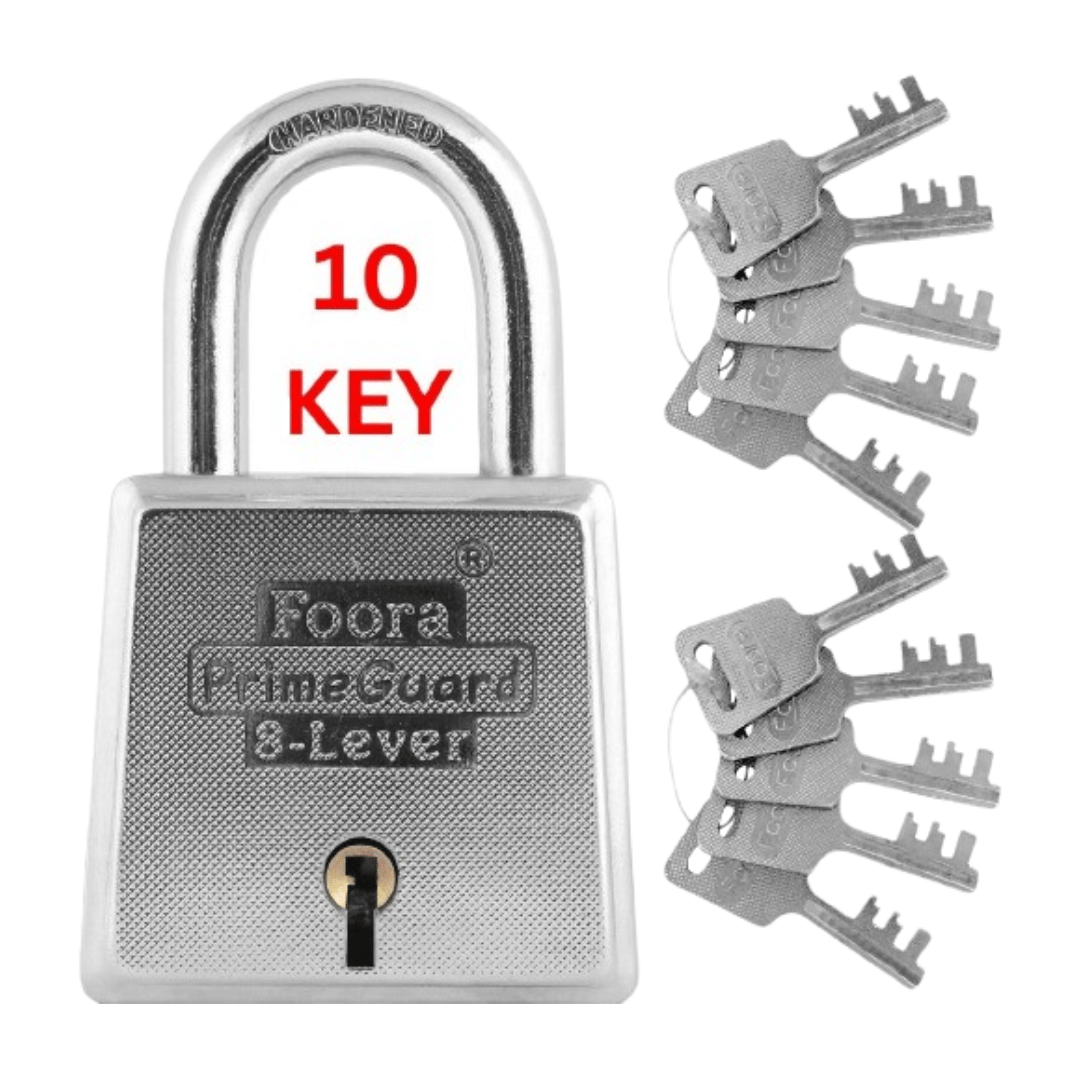     			Foora PrimeGurad 60 Padlock - Double Locking 8 Lever Iron Zinc, 10 Keys for Door Gate Shutter Security, Heavy Duty 60mm Silver Glossy Finish