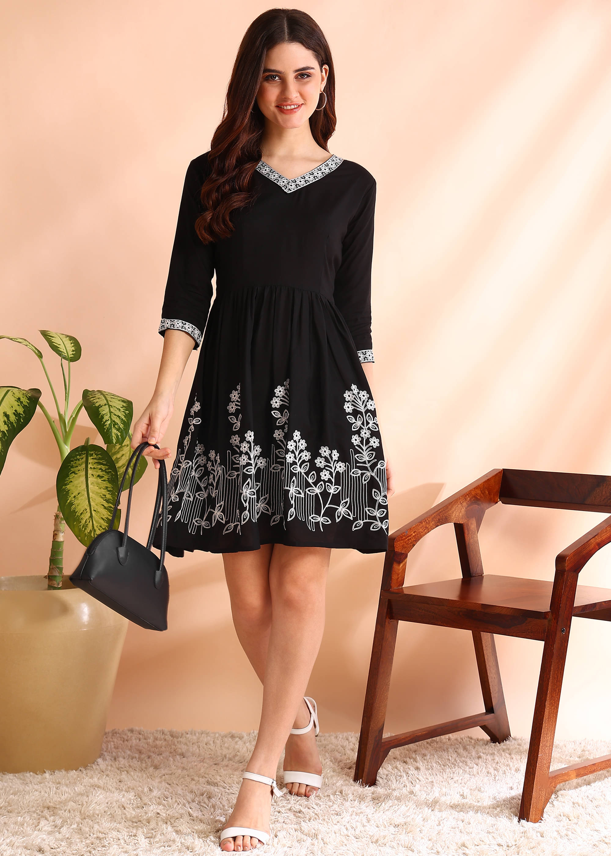     			Hiva Trendz Women Viscose Printed Fit & Flare Dress ( Black )
