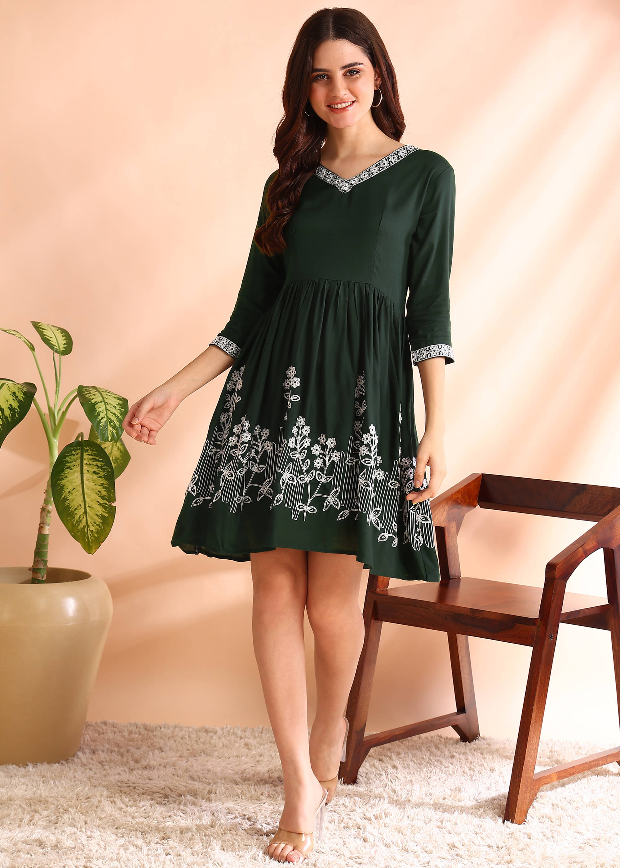     			Hiva Trendz Women Viscose Printed Fit & Flare Dress ( Green )