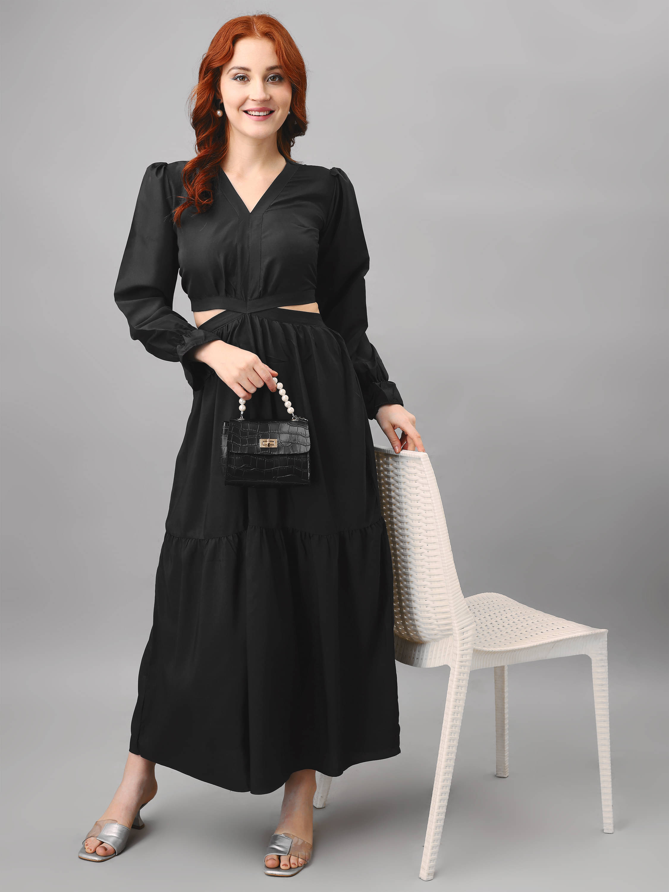 JASH CREATION Polyester Solid Ankle Length Women's Cut Out Dress - Black ( Pack of 1 ) JASH CREATION Polyester Solid Ankle Length Women's Cut Out Dress - Black ( Pack of 1 )