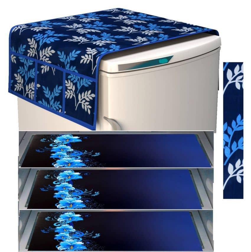 Laphino Polyester Floral Fridge Mat & Cover ( 93 53 ) Pack of 5 - Blue