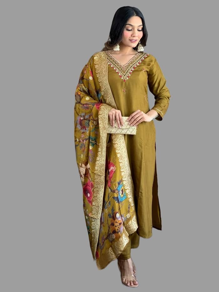 MEHZEEL FAB Silk Blend Embroidered Kurti With Pants Women's Stitched Salwar Suit - Mustard ( Pack of 1 )