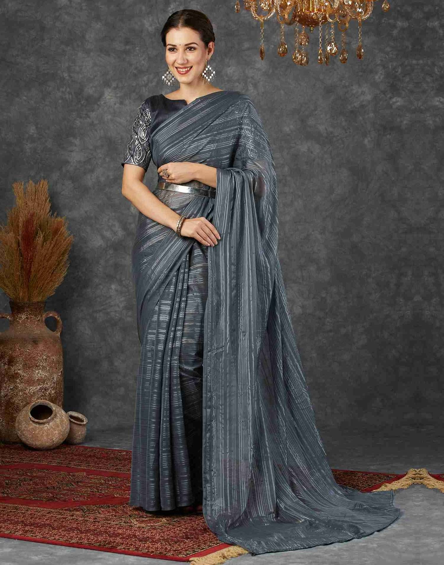     			Nandini Creation Georgette Striped Saree With Unstitched Blouse Piece ( Grey )