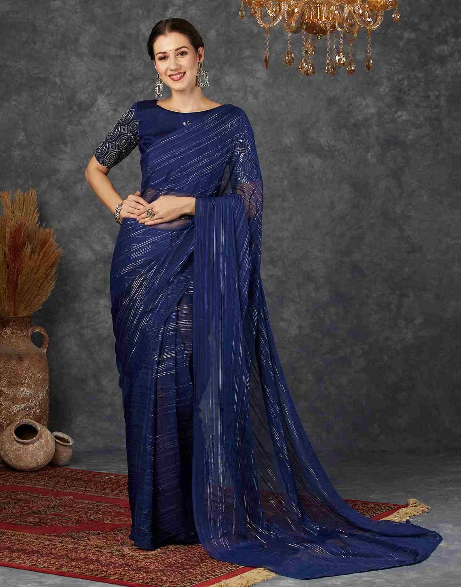 Nandini Creation Georgette Striped Saree With Unstitched Blouse Piece ( Blue ) Nandini Creation Georgette Striped Saree With Unstitched Blouse Piece ( Blue )
