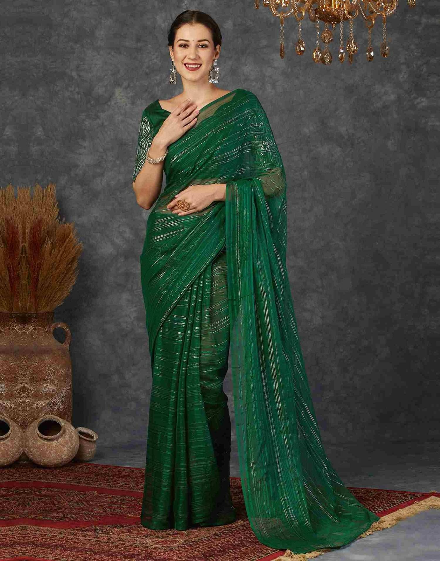     			Nandini Creation Georgette Striped Saree With Unstitched Blouse Piece ( Green )