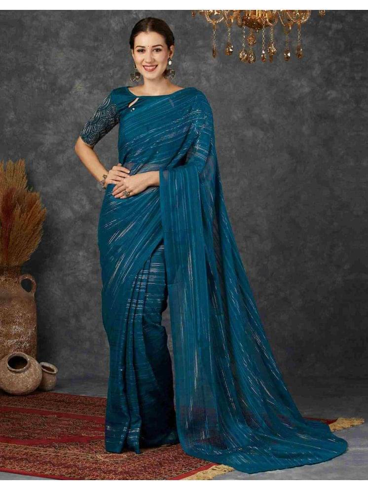Nandini Creation Georgette Striped Saree With Unstitched Blouse Piece ( Blue ) Nandini Creation Georgette Striped Saree With Unstitched Blouse Piece ( Blue )