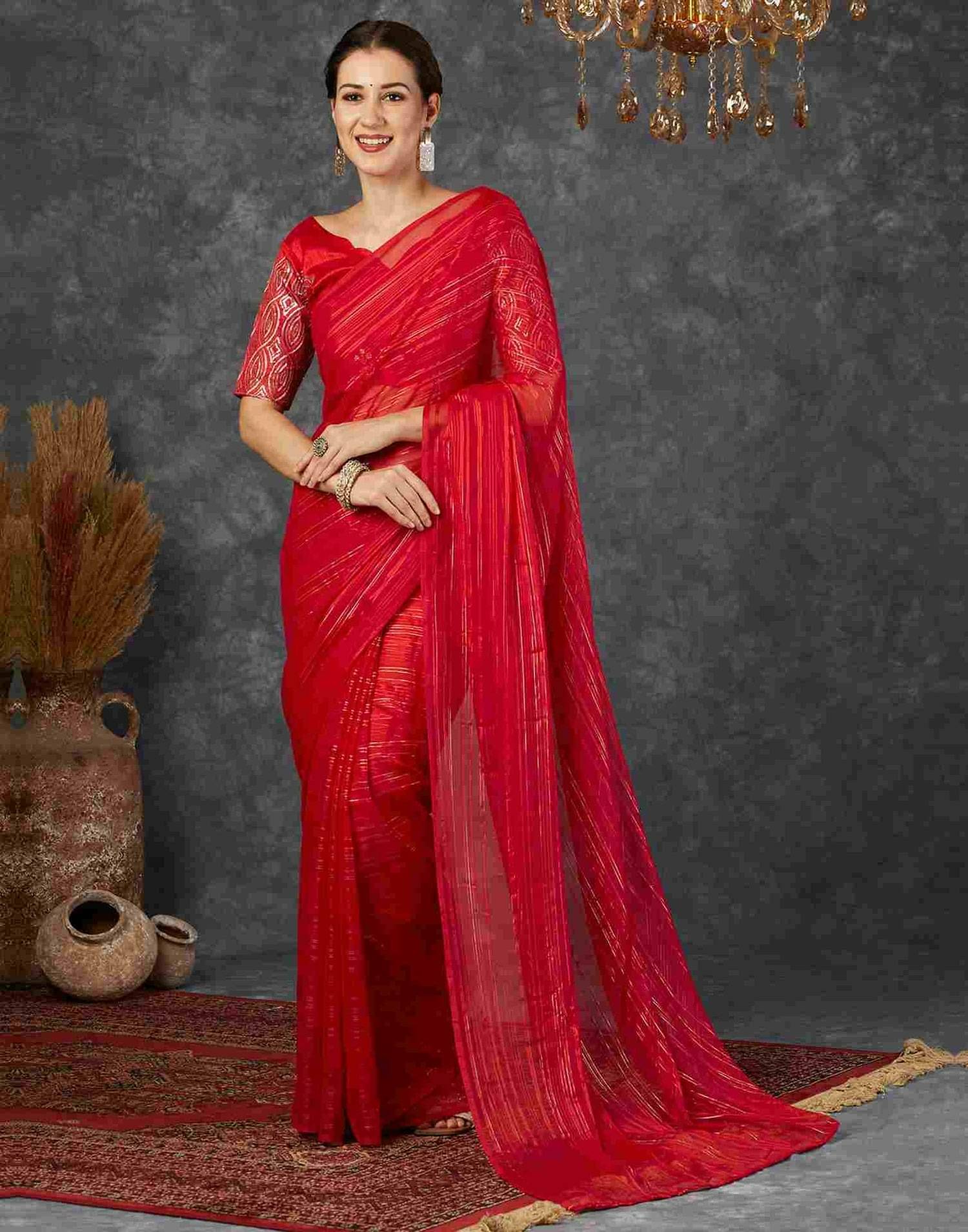Nandini Creation Georgette Striped Saree With Unstitched Blouse Piece ( Red ) Nandini Creation Georgette Striped Saree With Unstitched Blouse Piece ( Red )