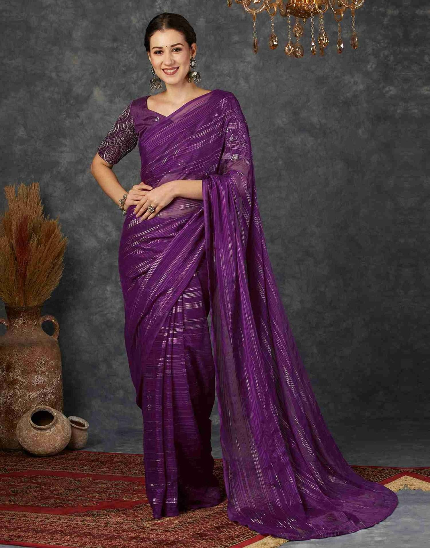 Nandini Creation Georgette Striped Saree With Unstitched Blouse Piece ( Purple ) Nandini Creation Georgette Striped Saree With Unstitched Blouse Piece ( Purple )