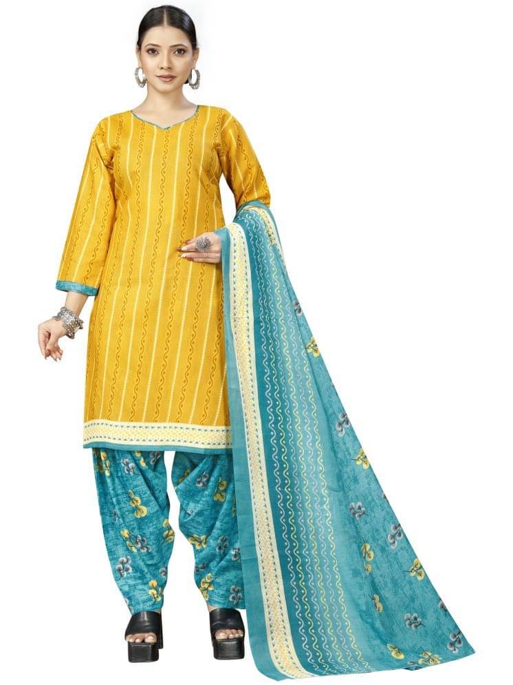 Rajnandini Cotton Blend Printed Kurti With Patiala Women's Stitched Salwar Suit - Mustard ( Pack of 1 ) Rajnandini Cotton Blend Printed Kurti With Patiala Women's Stitched Salwar Suit - Mustard ( Pack of 1 )