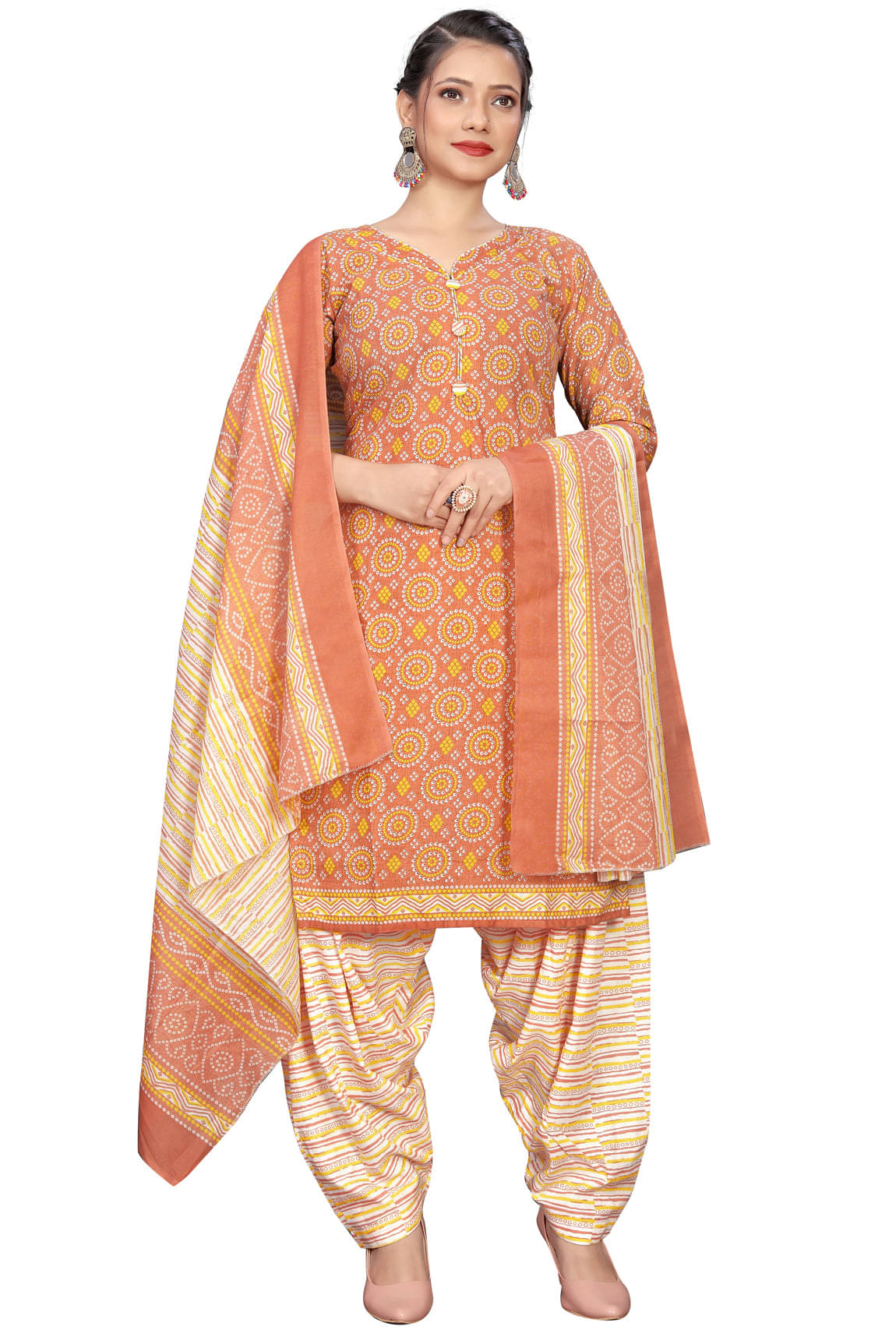     			Rajnandini Cotton Blend Printed Kurti With Patiala Women's Stitched Salwar Suit - Orange ( Pack of 1 )