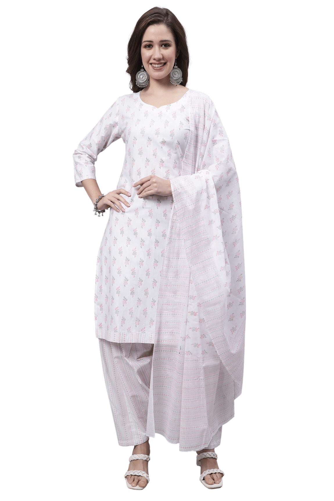 Rajnandini Women Cotton Blend Printed Straight Kurti With Patiala Salwar ( White )     			Rajnandini Women Cotton Blend Printed Straight Kurti With Patiala Salwar ( White )