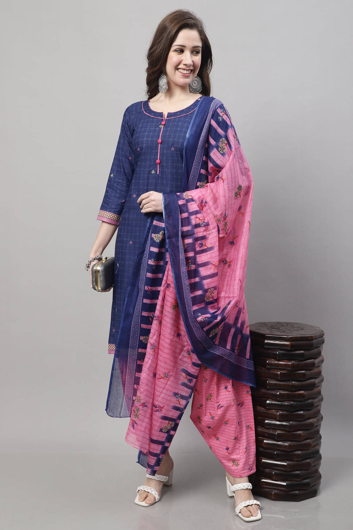     			Rajnandini Cotton Blend Printed Kurti With Patiala Women's Stitched Salwar Suit - Navy ( Pack of 1 )