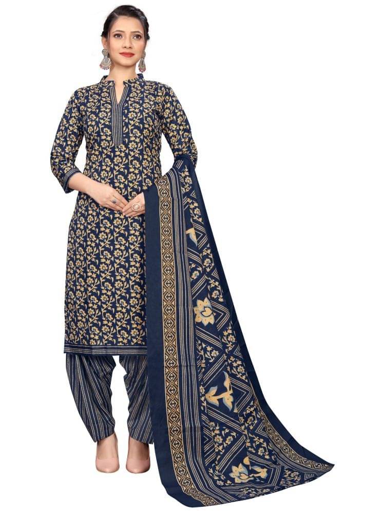     			Rajnandini Women Cotton Blend Printed Straight Kurti With Patiala Salwar ( Navy )