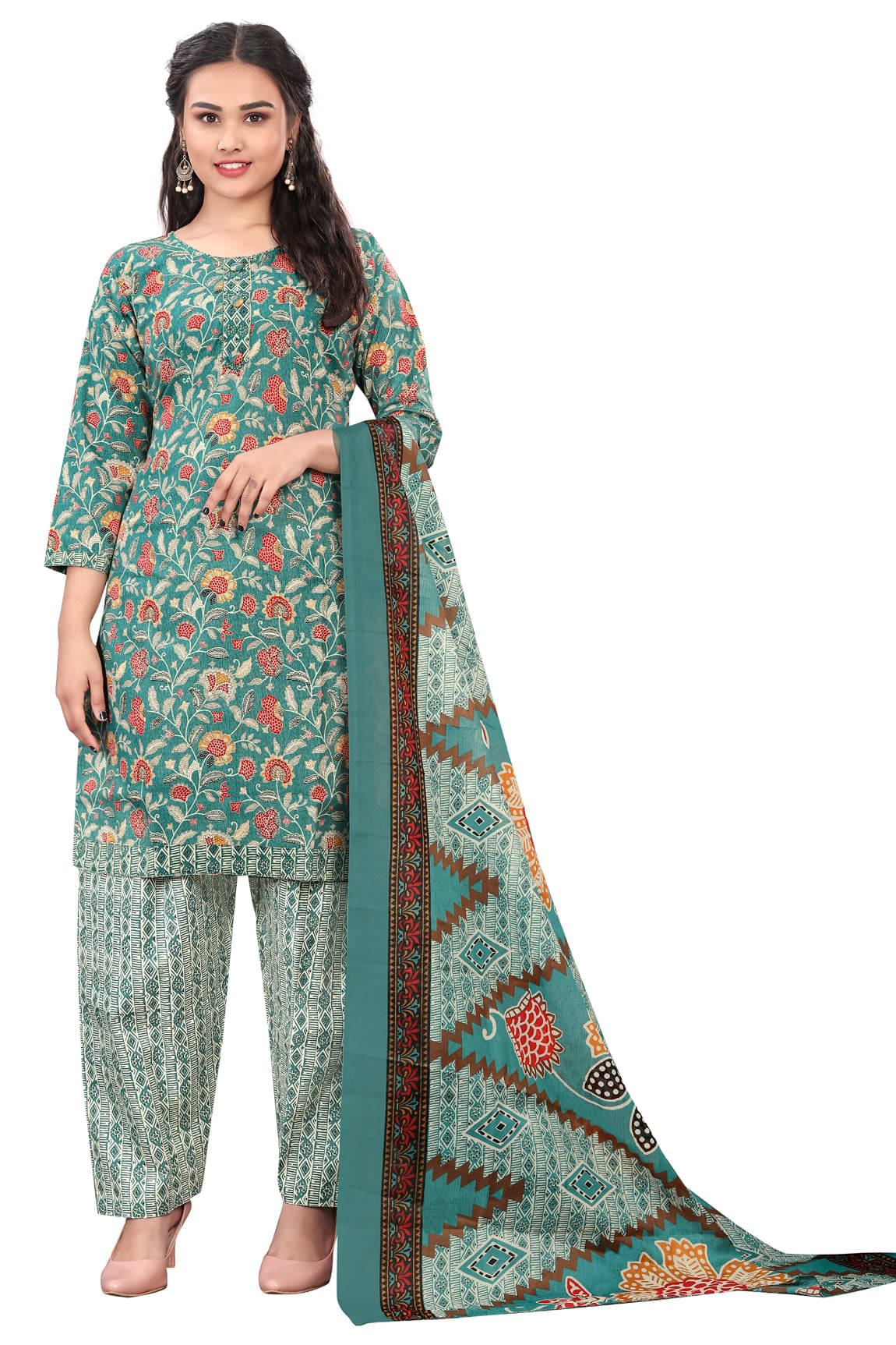 Rajnandini Women Cotton Blend Printed Straight Kurti With Patiala Salwar ( Green )     			Rajnandini Women Cotton Blend Printed Straight Kurti With Patiala Salwar ( Green )