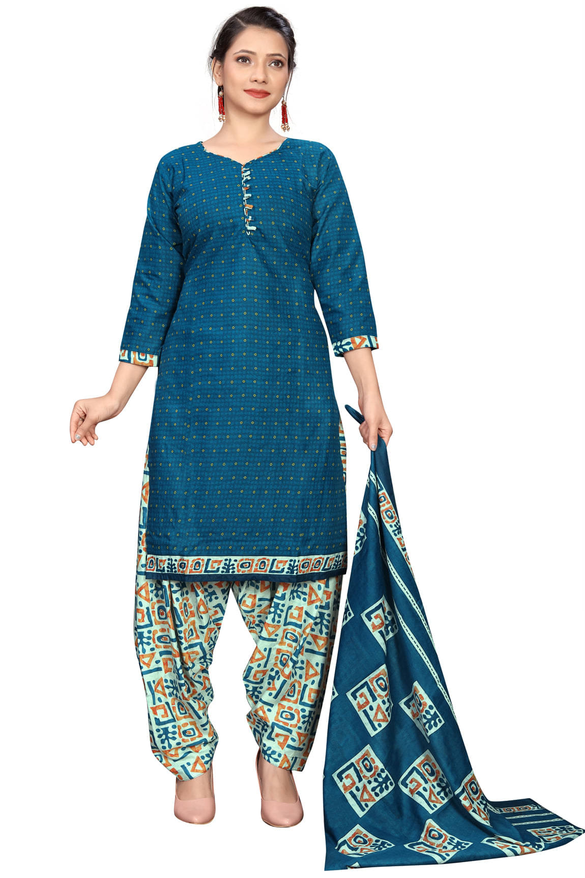     			Rajnandini Women Cotton Blend Printed Straight Kurti With Patiala Salwar ( Blue )