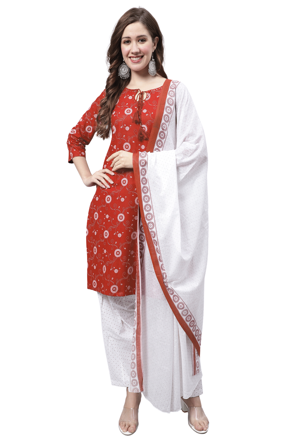     			Rajnandini Women Cotton Blend Printed Straight Kurti With Patiala Salwar ( Red )