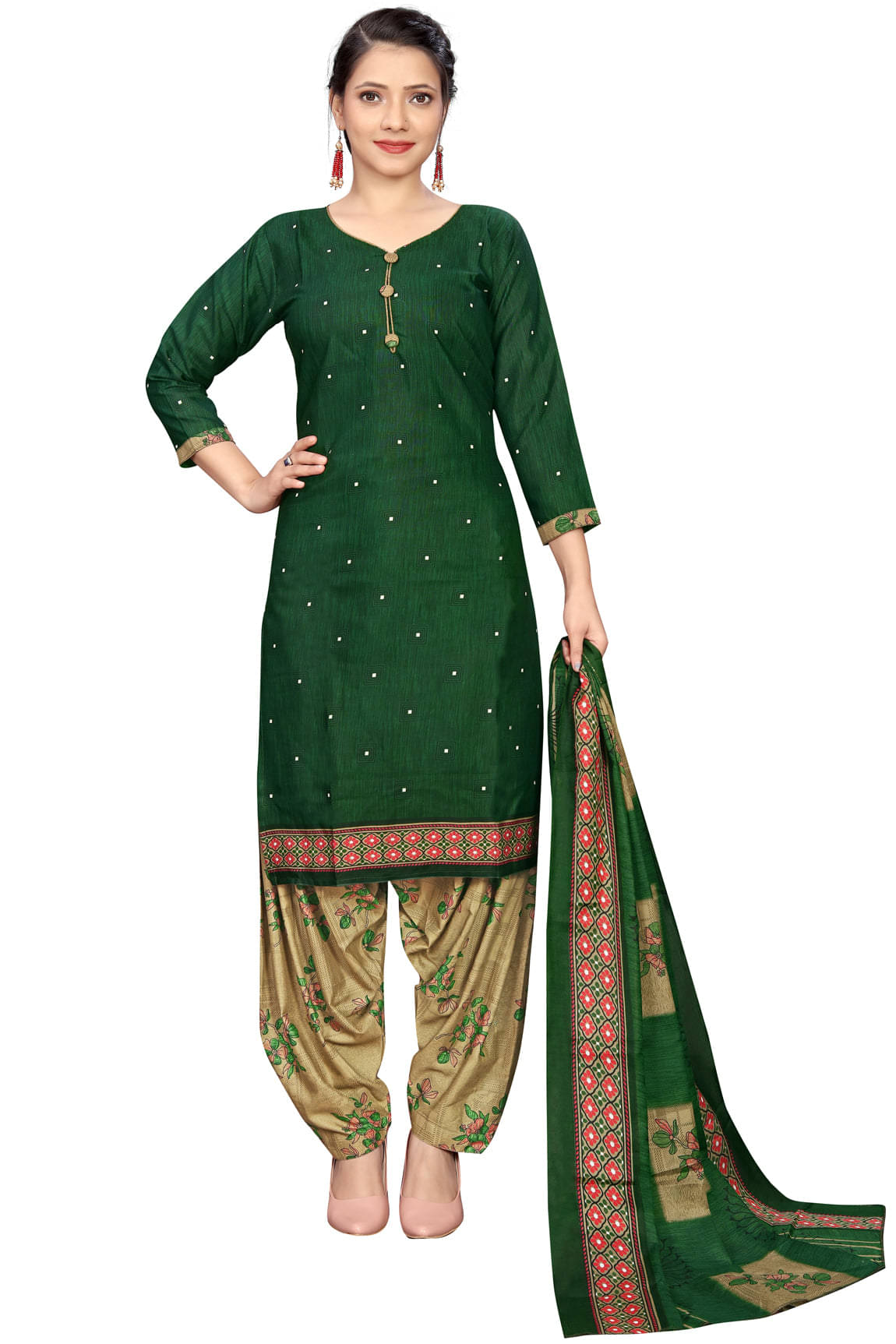     			Rajnandini Women Cotton Blend Printed Straight Kurti With Patiala Salwar ( Green )