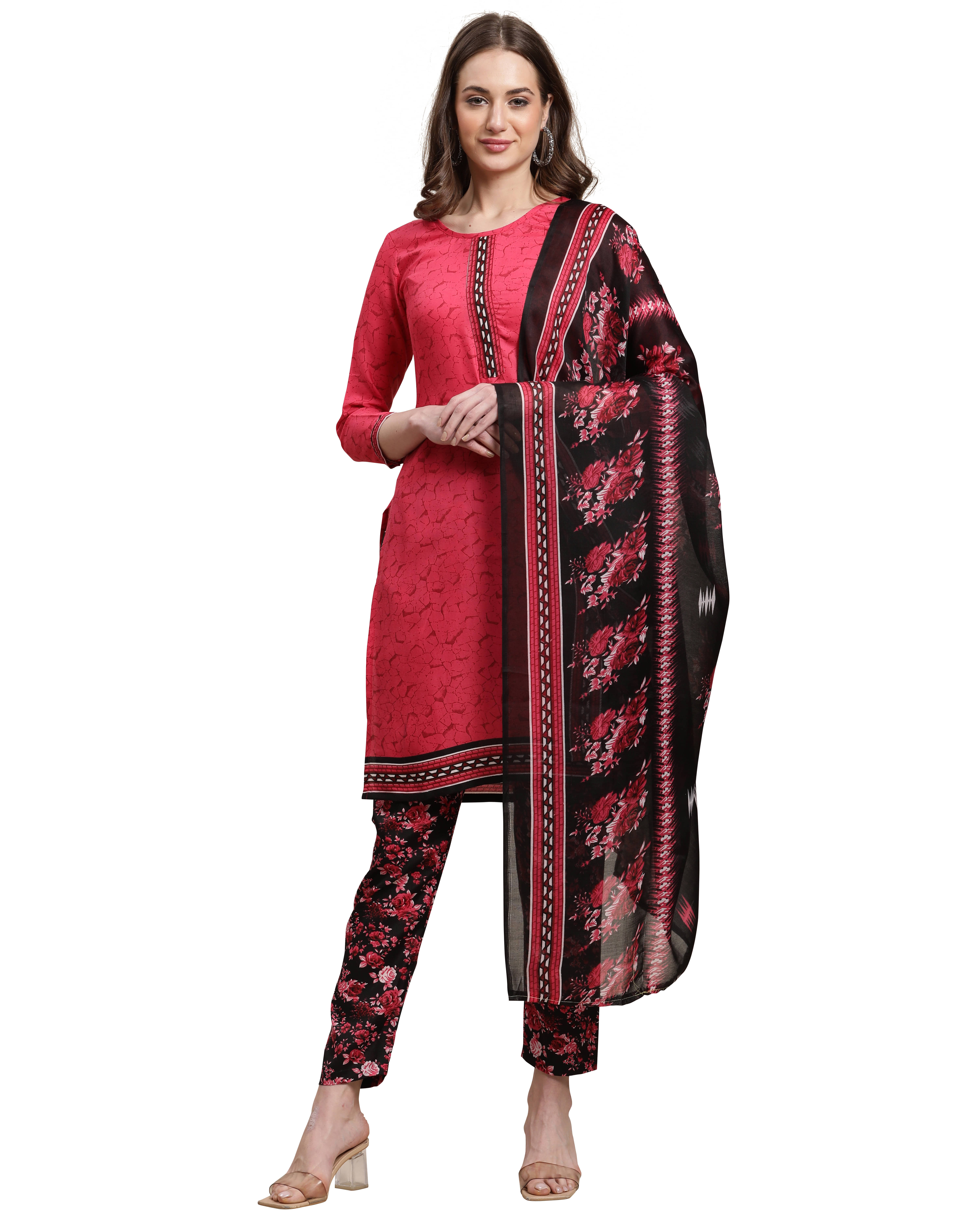     			Rajnandini Women Cotton Blend Printed Straight Kurti With Patiala Salwar ( Pink )