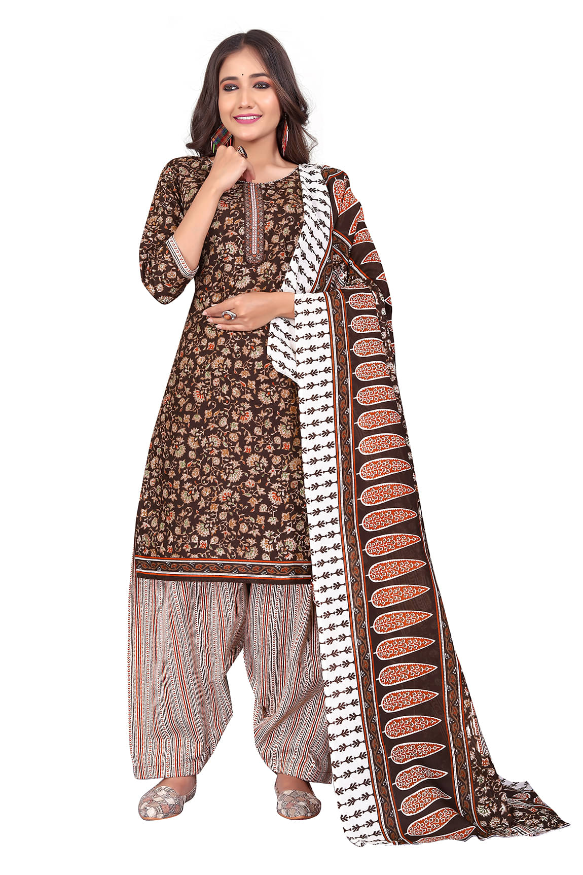     			Rajnandini Women Cotton Blend Printed Straight Kurti With Patiala Salwar ( Brown )