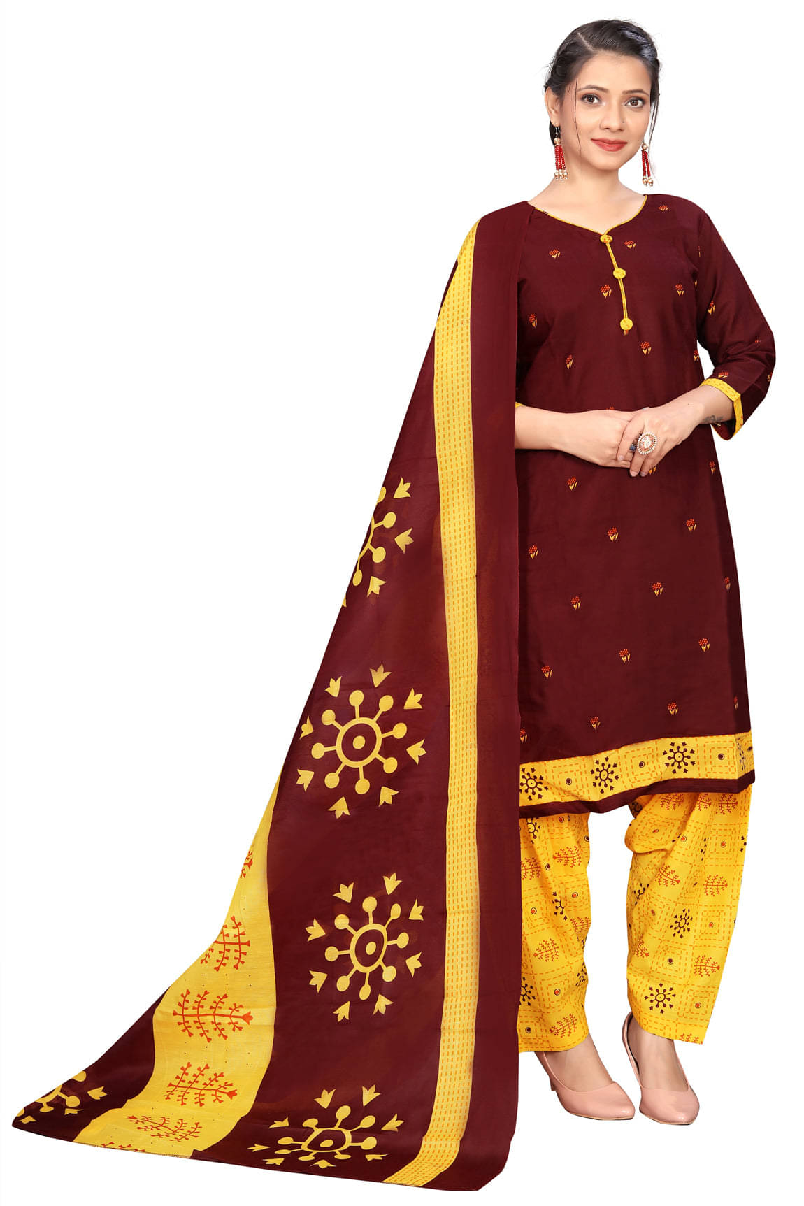     			Rajnandini Women Cotton Blend Printed Straight Kurti With Patiala Salwar ( Maroon )