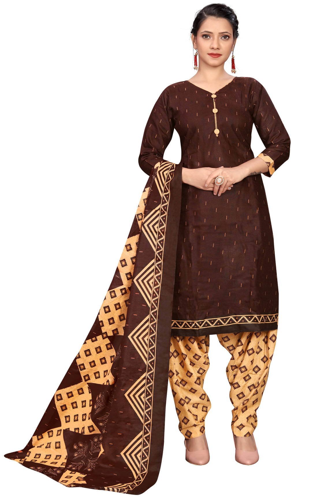 Rajnandini Women Cotton Blend Printed Straight Kurti With Patiala Salwar ( Brown ) Rajnandini Women Cotton Blend Printed Straight Kurti With Patiala Salwar ( Brown )