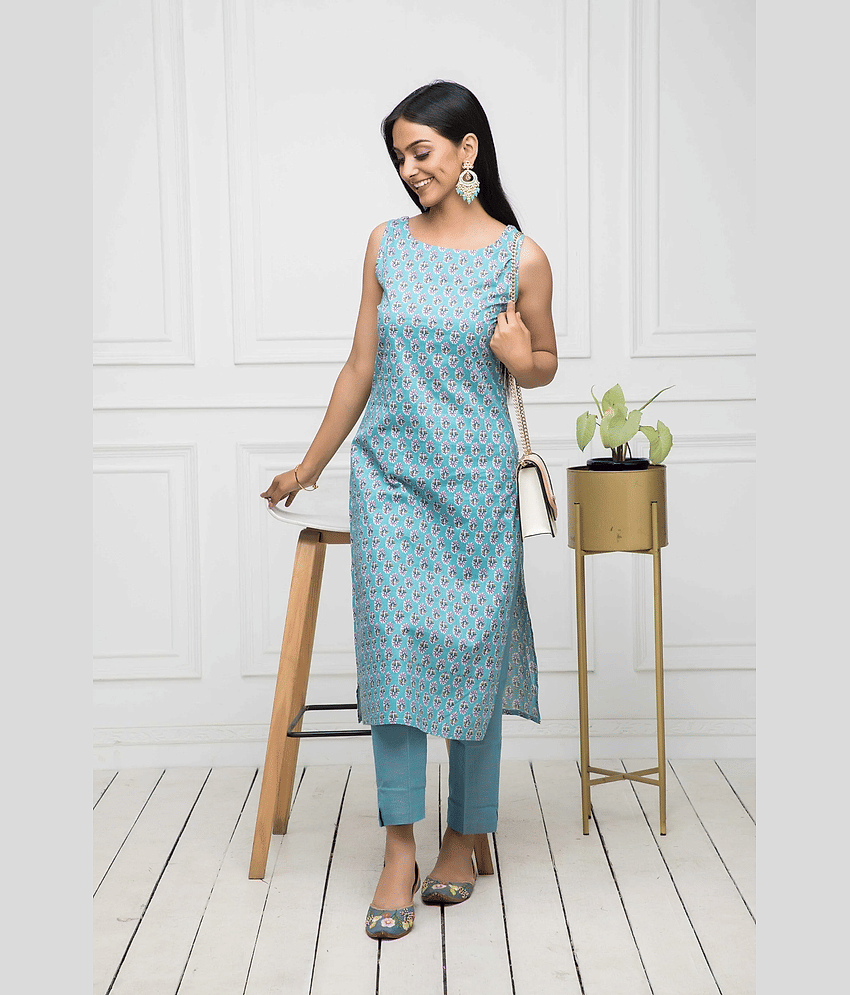Shivaradhya designers Cotton Printed Straight Women's Kurti - Light Blue ( Pack of 1 ) - Kurtis, Tunics | Buy online on ZillyBuy